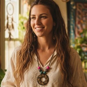 HANDCRAFTED Upcycled Bohemian Wooden Pendant Necklace HANDMADE Boho Jewelry